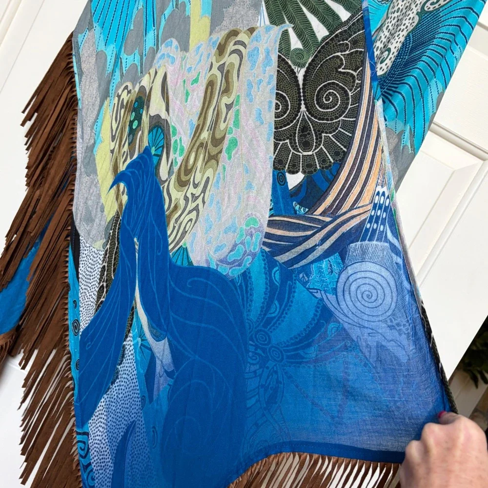 Chicos Imperial Peacock Fringe Ruana Shawl Wrap‎ Scarf NEW Festival Boho Western
